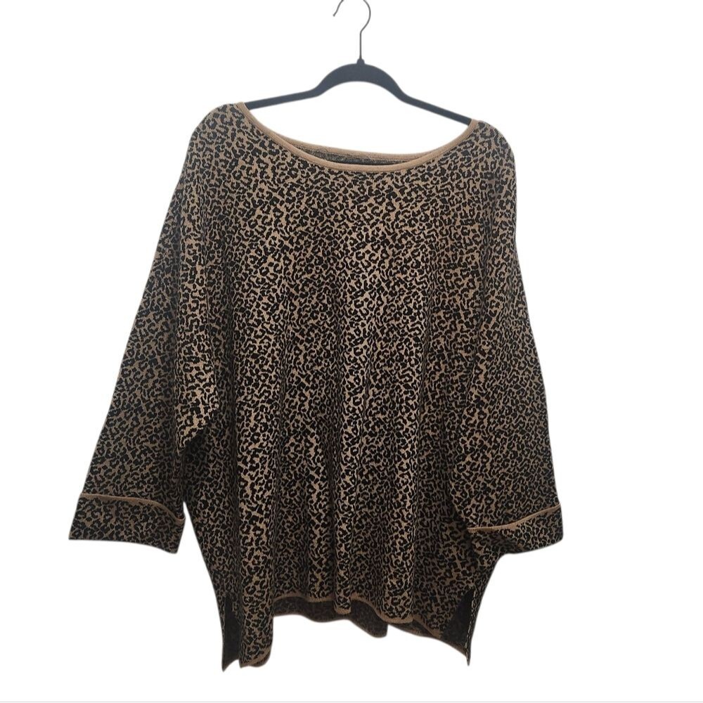 TAHARI Black Tan Animal Print Sweater Plus Size 3X Cuffed Sleeves Mobwife Cozy